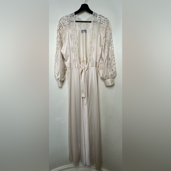Vintage Lily of France Nylon Pleated Puff Sleeve Lace Heart Waterfall Back Gown - Picture 1 of 8